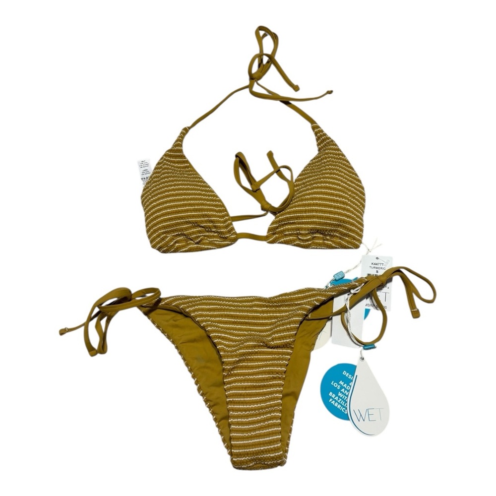 Wet Turmeric Strappy String Bikini Top And Bottom Size S Textured Stripe